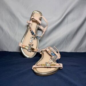 Andiamo AFORT Wedge Sandals Womens 7W Pink Good Jeweled T-Strap Metallic Wide